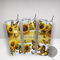 Floral butterfly tumbler with western-style tooled leather background. Personalized drinkware for nature lovers. Sunflower lover gift idea.